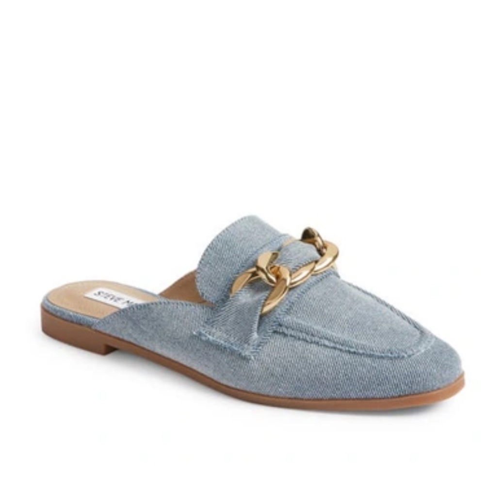 Steve Madden Blue Denim Loafers with Gold Chain